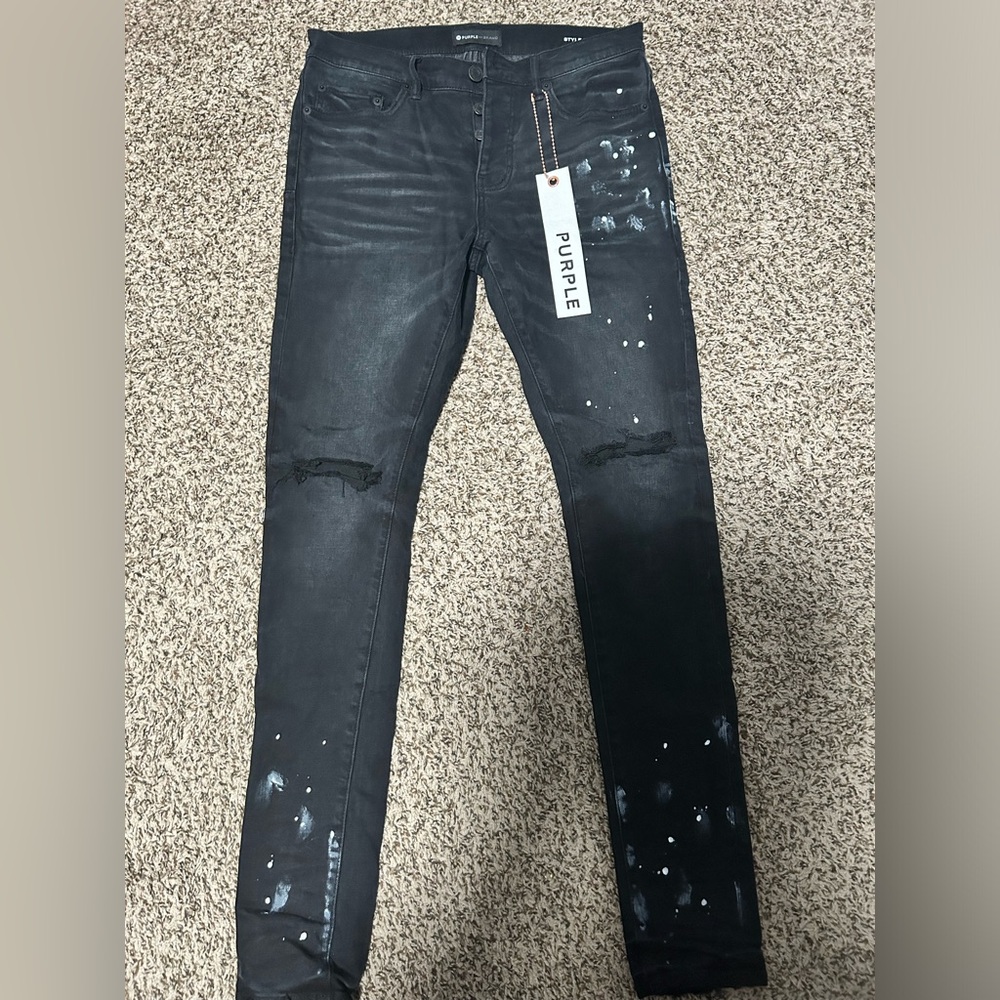 P001 Black Resin Knee Slit Purple Jeans